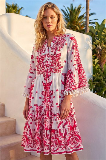 Pink Beaded Tassel Trim Smock Dress