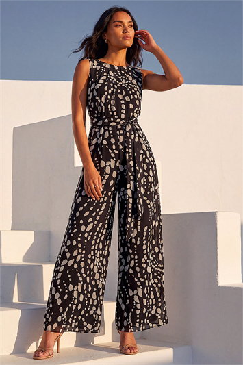 Black Animal Print Pleat Neck Jumpsuit