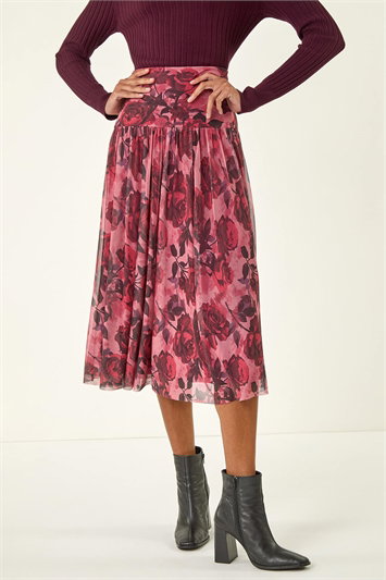 Red Rose Print Mesh Layered Skirt