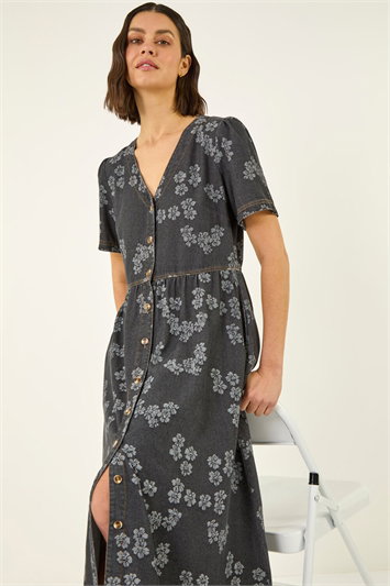 Black Floral Denim Shirt Dress