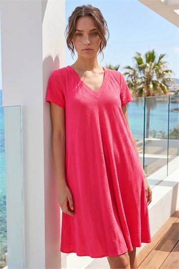 Pink Petite V-Neck Swing Pocket Dress