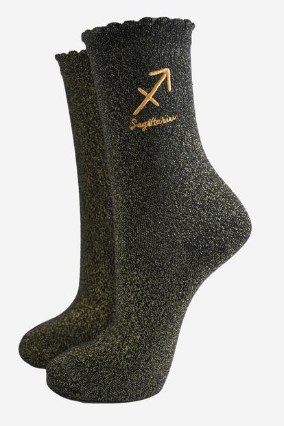 Black Embroiderd Sagittarius Zodiac Glitter Socks
