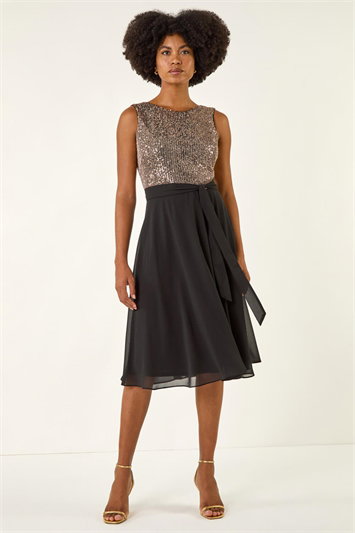 Sequin Bodice Belted Chiffon Dress 14584633