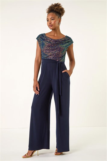 Blue Sequin Bodice Cowl Neck Jumpsuit