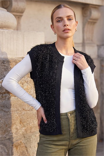 Black Fluffy Shimmer Knit Waistcoat