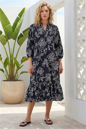 Floral Puff Print Buttoned Midi Dress 14886308