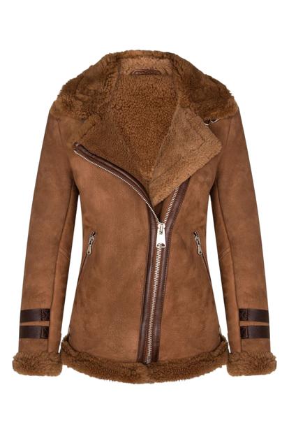 Brown Womens Sheepskin Biker Jacket - Alamar
