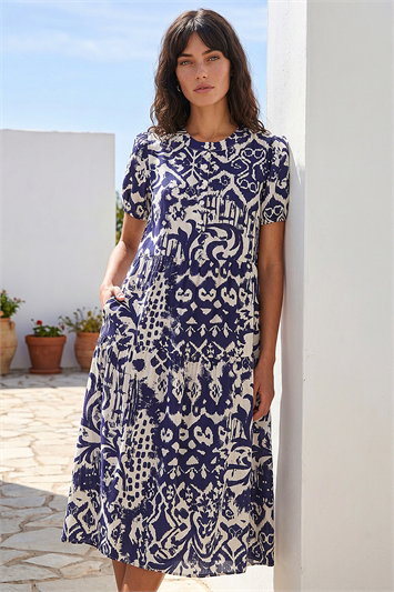 Blue Contrast Floral Print Shirt Dress