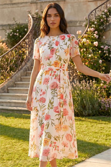 White Floral Chiffon Pleated Dress