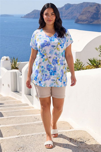 Blue Curve Floral Print V-Neck Top
