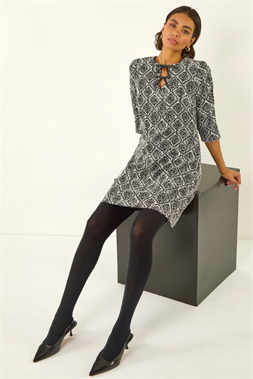 Black Tile Print Tie Keyhole Stretch Dress