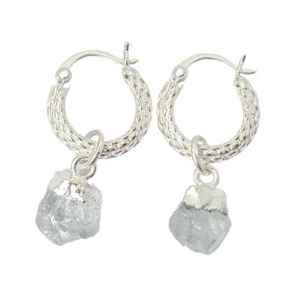 Metallic Raw Herkimer Diamond April Birthstone Huggie Hoops Sterling Silver Gemstone Earrings