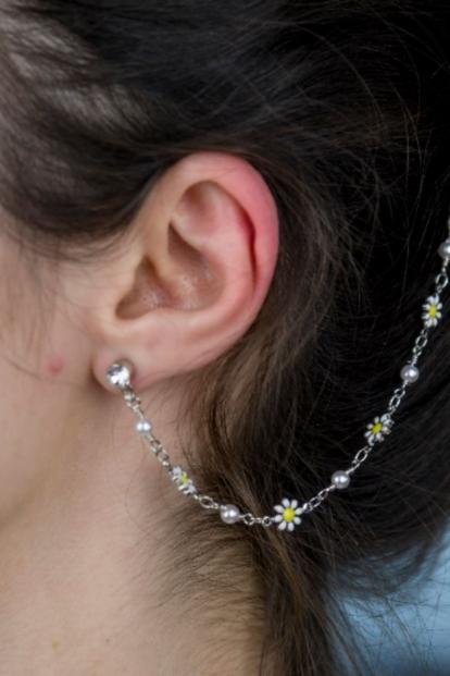 Metallic Sunflower Tassel Pearl Long Dangle Ear Cuff