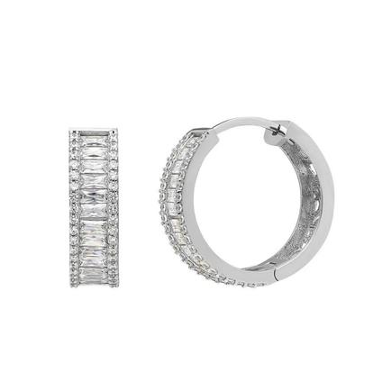 Metallic Baguette Cubic Zirconia Sterling Silver Pave Hoop Earring