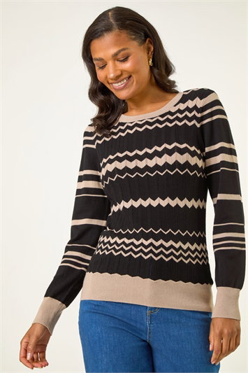 Black Contrast Zig Zag Knitted Jumper