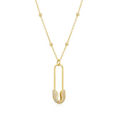 Metallic Sterling Silver Jewelled Safety Pin Necklace With Beaded Chain