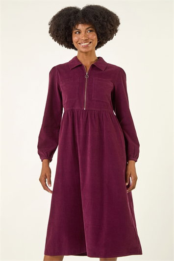 Red Corduroy Zip Detail Midi Dress