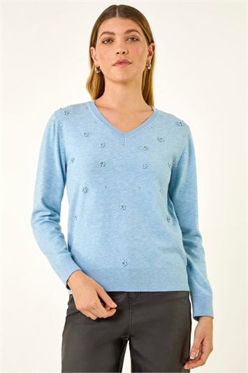 Blue V-Neck Flower Hotfix Jumper