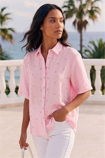 Pink Rhinestone Button Up Detail Collar Blouse