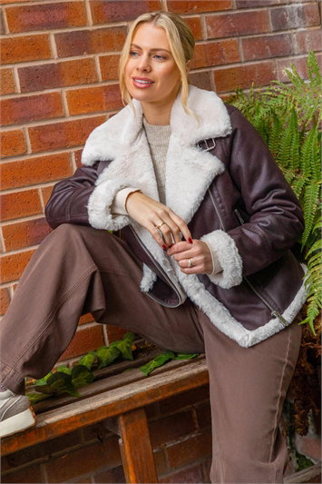 Contrast Aviator Fur Coat 12038814
