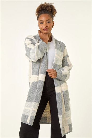 Grey Check Longline Pocket Cardigan