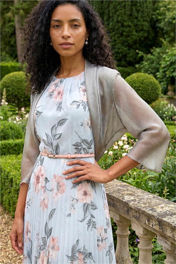 Metallic 3/4 Sleeve Ruched Hem Chiffon Bolero