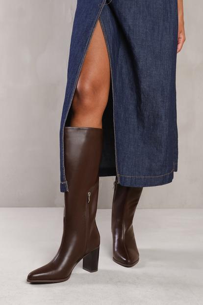 Brown 'Delta' Block Heel Knee High Boots