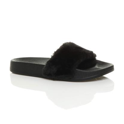 Black Faux Fur Flip Flop Sandals Slides