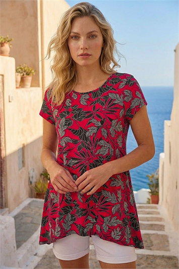 Red Floral Print Hanky Hem Top