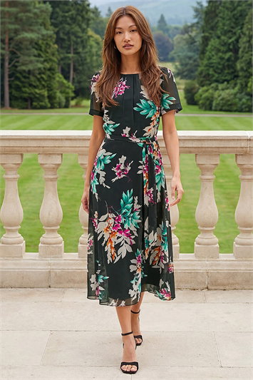 Black Floral Print Pleat Neck Midi Dress