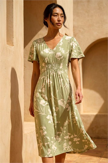 Green Petite Floral Shirred Waist Dress