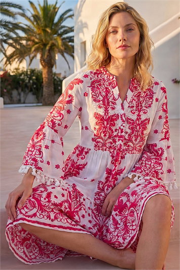 Beaded Tassel Trim Smock Dress 14694022