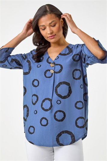 Blue Circle Print V-Neck Button Tunic Top