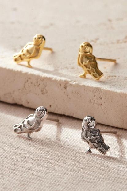 Metallic Barn Owl Earrings Sterling Silver Studs Birds Jewellery