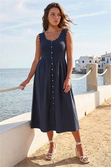 Blue Petite Cotton Scallop Trim Dress