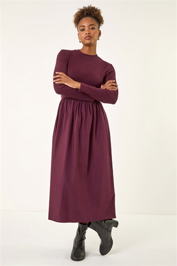 Red Cotton Stretch Jersey Mix Midi Dress