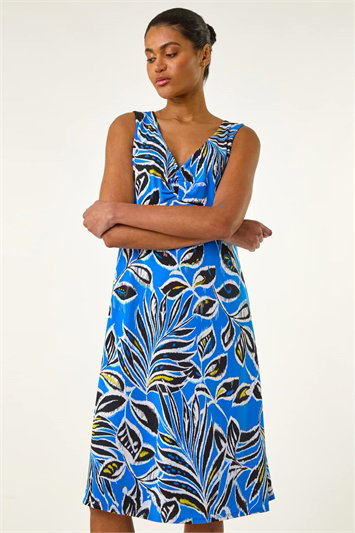 Blue Leaf Print V-Neck Gathered Dress