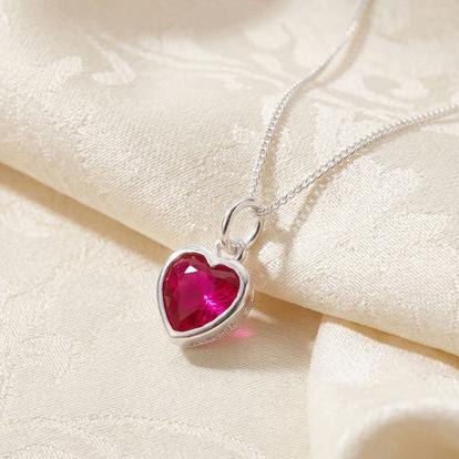 Pink Mini Heart Silver Ruby July Birthstone Necklace