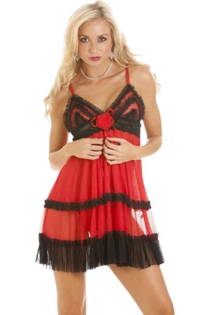 Red Sheer Mesh Babydoll With Thong