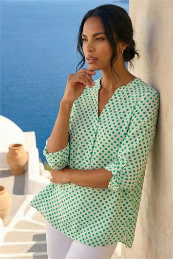Green Spot Print Woven Top