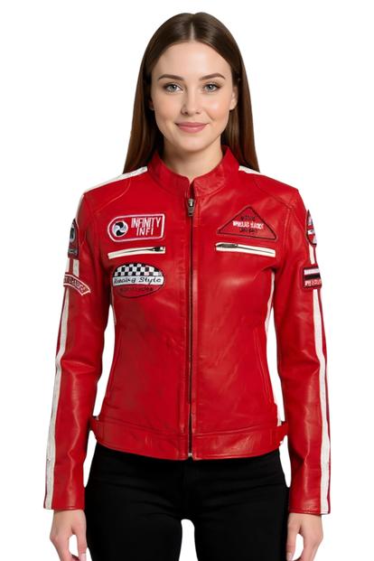 Orange Leather Biker Racing Badges Jacket-Dalby