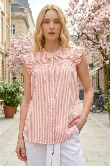 Pink Stripe Print Frill Blouse