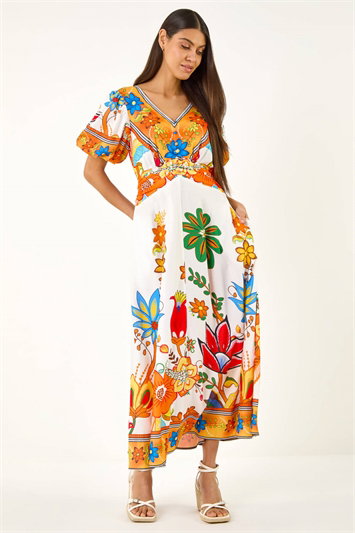 Floral Border Ruched Midi Dress 14882464