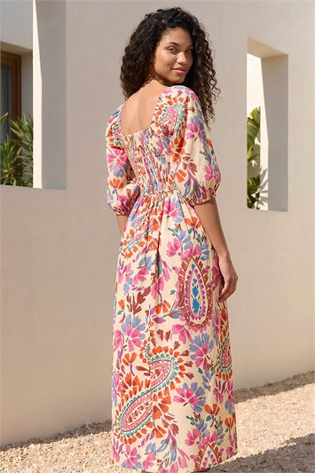 Petite Paisley Print Shirred Dress 14877972