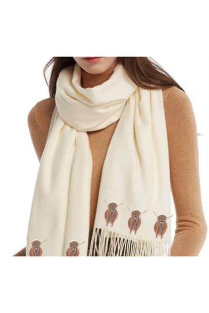 Cream Cashmere Feel Luxury Scarf Handprinted With Highland Cows - Cream