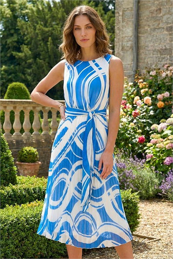 Petite Abstract Tie Waist Pleated Dress 14682260