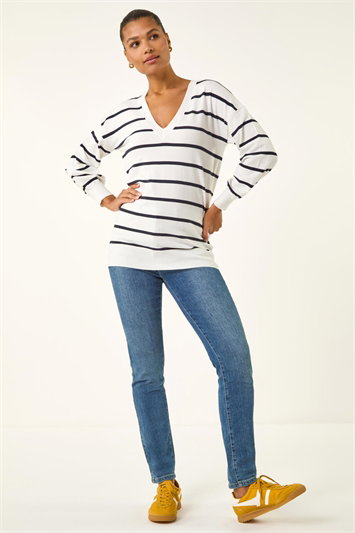 Stripe Print Knitted V-Neck Longline Jumper 16103738