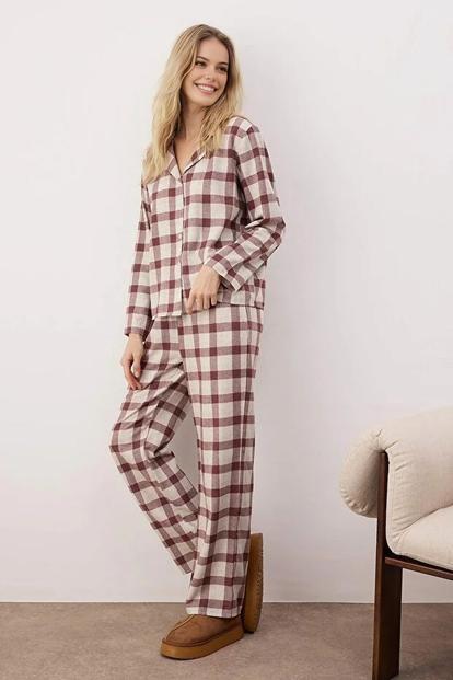 Multi Buffalo Check Revere Collar Long Sleeve Cotton Flannel Pyjama Set