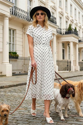 White Polka Dot Pleated Shirt Midi Dress
