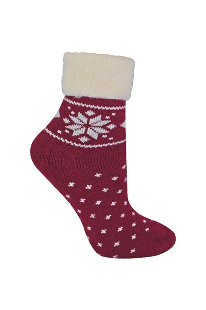 Red 1 Pack Ladies Soft Warm Wool Bed Socks With Fairisle Design